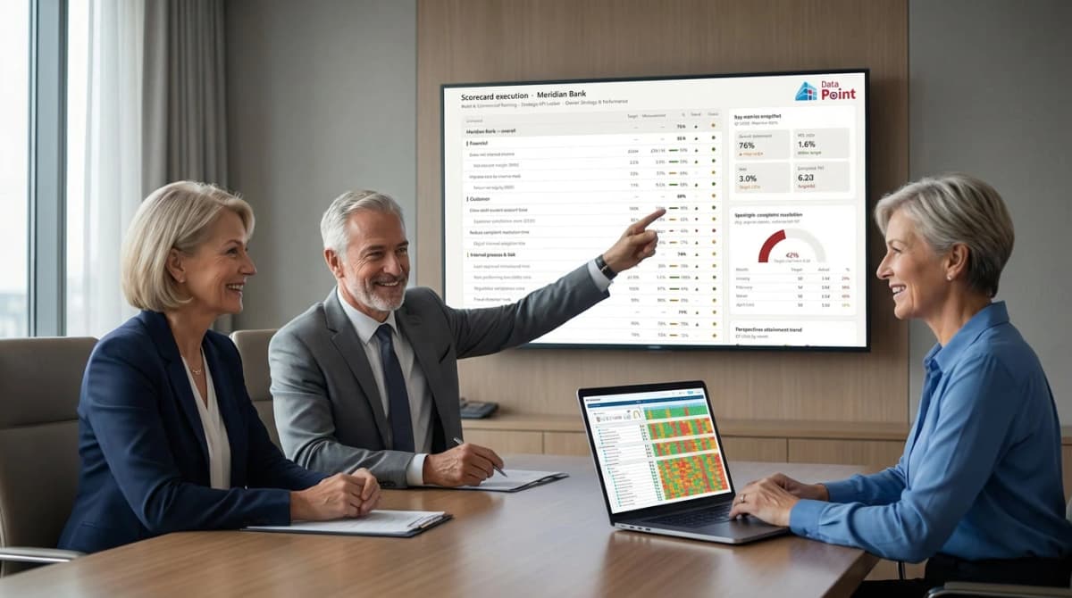 Leaders reviewing the live balanced scorecard strategy dashboard - LTS Data Point